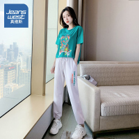 真维斯2022年夏季新款运动服短袖减龄休闲洋气长裤两件套装女潮流