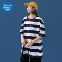 真维斯纯棉条纹短袖女2022新款港风宽松圆领上衣打底衫百搭潮流