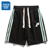 真维斯侧边条纹拼接撞色字母刺绣短裤潮牌宽松休闲五分裤男情侣款