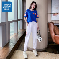 真维斯休闲套装女2022夏季新款跑步宽松健身运动服休闲短袖两件套