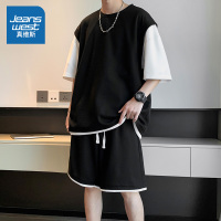 真维斯假两件短袖t恤男夏季运动套装ins潮牌港风男装一套搭配帅气