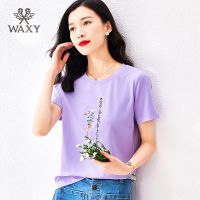 WAXY纯棉高档短袖ins风日系美式圆领透气日常跑步女时尚运动上衣