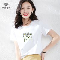 WAXY运动纯棉短袖2022夏季新款套头衫圆领上衣宽松透气休闲体恤女