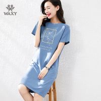 WAXY纯棉运动连衣裙女夏季新款宽松中长款圆领短袖上衣女吸汗透气