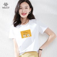 WAXY运动纯棉短袖2022夏季印花百搭休闲宽松透气吸汗小众健身专用