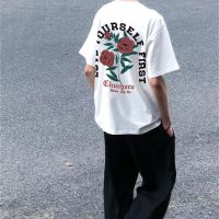 WAXY纯棉国潮后背玫瑰印花T恤男夏季短袖港风韩版宽松学生上衣ins