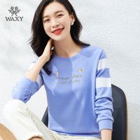 WAXY运动印花圆领卫衣2022春秋款套头衫长袖t恤女宽松韩版上衣潮
