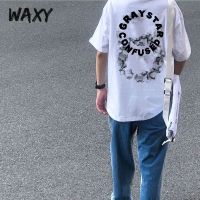 WAXY纯棉国潮雾化环形字母印花T恤男夏季短袖港风帅气宽松上衣ins