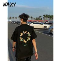 WAXY纯棉夏季短袖T恤男港风嘻哈宽松学生国潮帅气后背印花上衣ins
