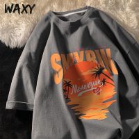 WAXY纯棉t恤男宽松百搭夏季风景印花运动正肩韩版半袖上衣男装ins