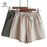 WAXY运动宽松棉麻短裤女2022夏季松紧中腰透气显瘦阔腿裤大码休闲