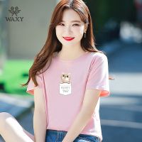 WAXY运动纯棉短袖2022夏季宽松韩版透气吸汗圆领上衣时尚百搭减龄