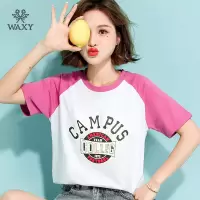 WAXY正品运动纯棉拼接短袖2022夏季印花圆领上衣小众学生装插肩袖