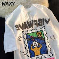 WAXY纯棉t恤短袖男宽松百搭美式复古图案国潮薄款运动半袖上衣ins