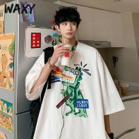 WAXY纯棉t恤短袖男学生oversize宽松卡通恐龙字母印花上衣ins潮牌