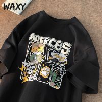 WAXY韩版潮流运动卡通字母纯棉短袖t恤男oversize宽松上衣男装ins