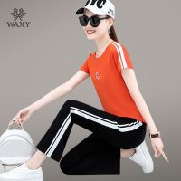 WAXY跑步运动套装女夏薄款时尚圆领高品质短袖长裤大码休闲两件套