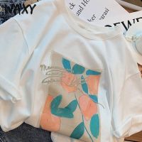 WAXY2022夏季新款纯棉短袖t恤衫女港风复古油画别致设计感上衣服