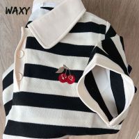 WAXY夏季新款ins潮短袖T恤女学生韩版宽松学院风条纹上衣纯棉正肩