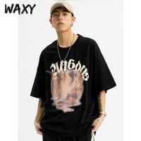 WAXY欧美高街潮牌高级感印花男女同款纯棉短袖t恤衫情侣夏装上衣