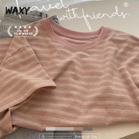 WAXY纯棉短袖t恤衫女学生夏季新款宽松百搭粉嫩甜美拼色条纹上衣
