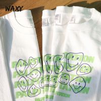 WAXY夏季新款纯棉短袖t恤男女ins风韩系潮流笑脸印花宽松圆领上衣