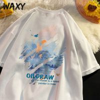 WAXY别致油画印花纯棉短袖t恤男女同款夏季新款宽松情侣上衣半袖