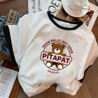 WAXY纯棉短袖学生t恤女ins超火小熊印花拼接色百搭圆领上衣夏装潮