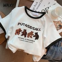 WAXY港风复古学生正肩圆领纯棉短袖t恤衫女拼色小熊印花ins潮上衣