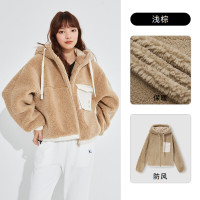 探路者秋冬款女羊羔绒外套 宽松户外女式新款常规款长毛绒休闲保暖外套连帽TAEJ92832