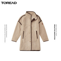 探路者户外长款抓绒外套女2021秋冬季新款户外加厚保暖舒适时尚女式羊羔绒外套立领户外休闲保暖大衣外套