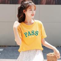 PASS 落肩短袖T恤女夏季舒适内搭纯色短袖女上衣笑脸印花校园女式