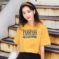 PASS落肩短袖女夏季圆领短款T恤女校园简约印花百搭女装T恤