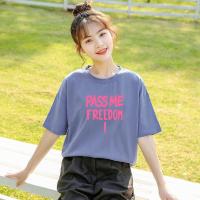 PASS宽松女式T恤夏季潮流校园甜美短袖T恤女纯色字母印花短袖上衣