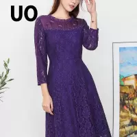 UO夏季优雅木耳边蕾丝绣花九分袖连衣裙女
