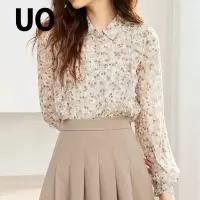 UO夏季 气质荷叶边碎花修身女式衬衫