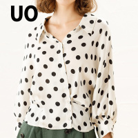 UO夏季复古时尚气质波点翻领收腰九分袖衬衫