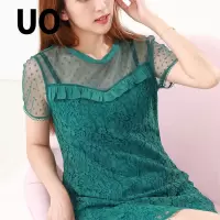 UO夏季波点拼接短袖蕾丝连衣裙
