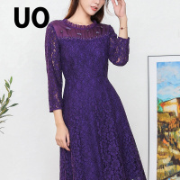 UO夏季优雅木耳边蕾丝绣花九分袖连衣裙女