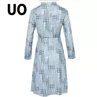 UO夏季 文艺格纹系带领收腰立领长袖连衣裙女