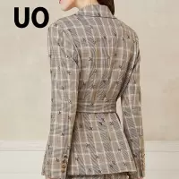 UO夏季 气质格纹字母系带翻领女士外套