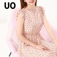 夏季 木耳边唯美印花收腰连衣裙