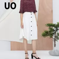 UO夏季夏季纯色单排扣半身裙不规则中长裙子女