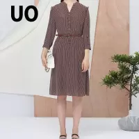 UO条纹木耳边通勤中款九分袖连衣裙