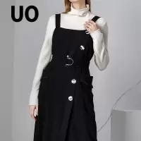 UO夏季 纯色羊毛系带显瘦中长款背带裙