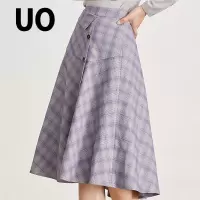 UO夏季时尚格纹单排扣收腰半身裙女