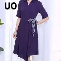 UO夏季 通勤碎花系带翻领短袖连衣裙女