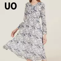 UO夏季优雅气质V领九分袖桑蚕丝真丝印花连衣裙女