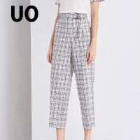 UO夏季 气质撞色格子条纹系腰女式休闲裤