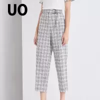 UO夏季 气质撞色格子条纹系腰女式休闲裤